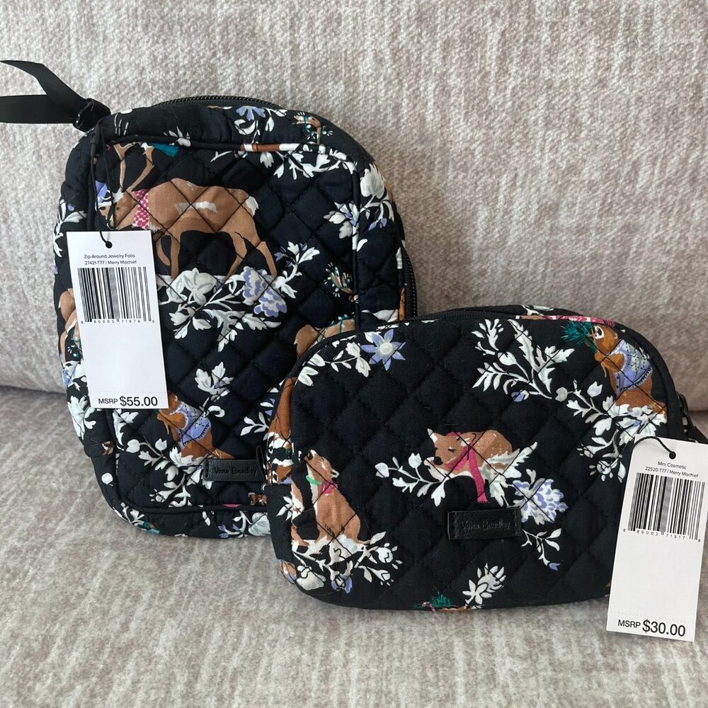Vera Bradley Set of 2 Zip Around Jewlry Case & Mini Cosmetic - Merry Mischief